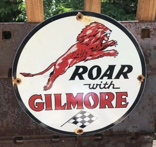 Vintage Roar Gilmore Porcelain Dealership Sign,  Pump Plate,  Motor Oil