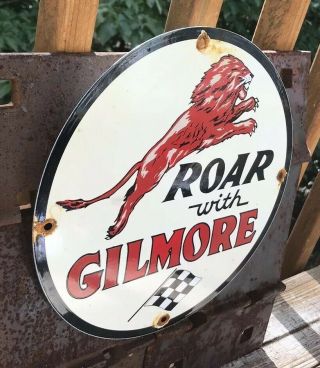 VINTAGE ROAR GILMORE PORCELAIN DEALERSHIP SIGN,  PUMP PLATE,  MOTOR OIL 2