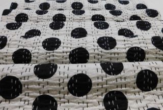 Black Polka Dot Queen Size Indian Kantha Quilt Cotton Blanket Vintage Bedspread