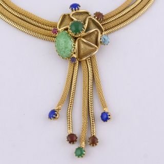 Vtg 1950’s - 60’s Goldtone Mesh Turquoise Lapis Peking Art Glass Dangle Necklace