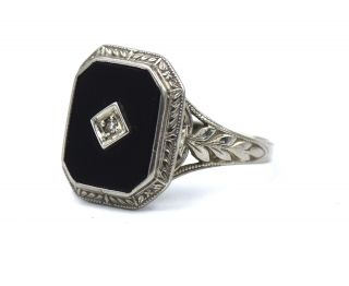 Antique Art Deco Diamond Onyx Ring Engraved Filigree 10k White Gold Size 6.  25