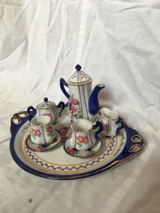 Mini 10 Piece Child Tea Set Roses/Flowers and Blue Trim, 2