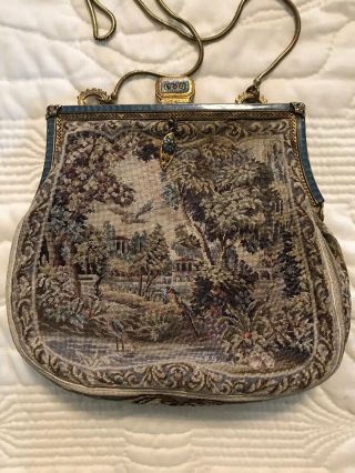 Rare Antique Tapestry French Petit Point Purse Countryside Enamel Bird Victorian