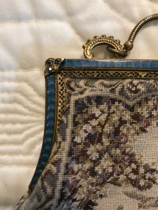 Rare Antique Tapestry French Petit Point Purse Countryside Enamel Bird Victorian 2