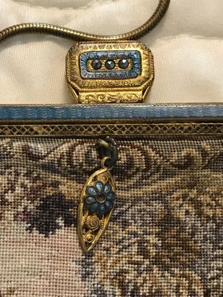 Rare Antique Tapestry French Petit Point Purse Countryside Enamel Bird Victorian 3