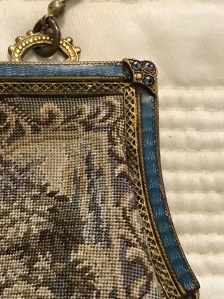 Rare Antique Tapestry French Petit Point Purse Countryside Enamel Bird Victorian 4