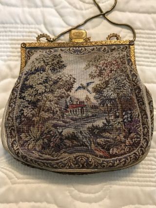 Rare Antique Tapestry French Petit Point Purse Countryside Enamel Bird Victorian 8