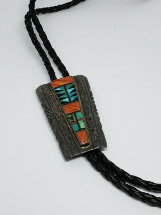 Vtg Navajo Silver Bolo Tie Turquoise Spiny Oyster Onyx Sterling Native American
