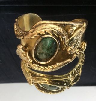 Vintage Brutalist X - Wide Cuff Bracelet Artisan Brass W/ Green Stone