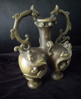 Chinese Antique Double Bronze 2 Bellies Dragon One Hole Vase.