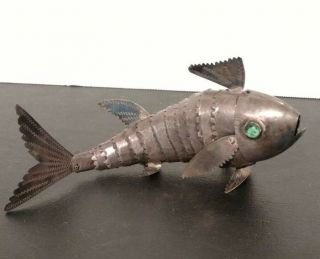 Vintage Large Sterling Articulated Fish Figurine,  Blue Glass Eyes,  7 " Lg.