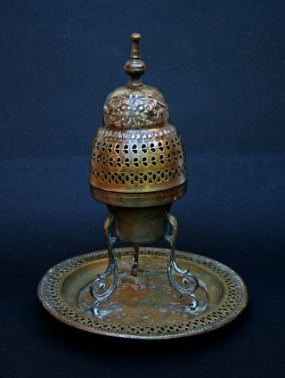 Antique Turkish Incense Burner Silver Plated Brass Ottoman Makers Mark