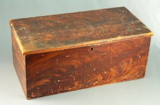 Antique 19th C American Pine Wood Locking Box Documents Grain Painted Primitive