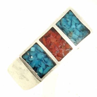 Vintage Sterling Southwestern Turquoise Red Coral Signet Style Unisex Ring Sz 8