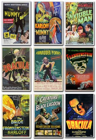 Vintage Old Horror Movie Poster Print,  Frankenstein,  Dracula,  The Mummy,  Reprint