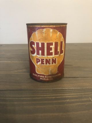 Vintage Shell Penn One Quart Can Pennsylvania Motor Oil Full Gas Oil