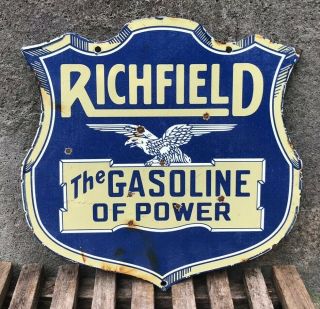 Vintage Richfield Motor Oil Gasoline Porcelain Metal Sign Station Pump Plate Gas