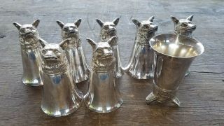 8 Vintage Pewter / Silver Fox Dog Wolf Head Stirrup Cups Tall 5.  25 " Shot Cup
