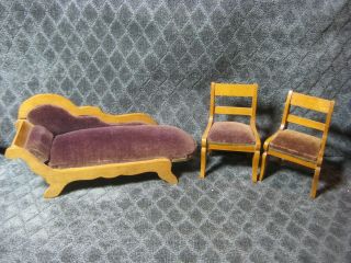 Antique Miniature Dollhouse German Chaise Lounge And Chairs Set 1:12