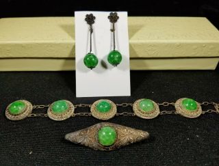Antique Art Deco Jadeite Jade Green Silver Bracelet Brooch And Earrings Set