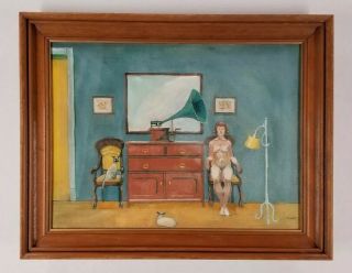 Sydney Kittinger Louisiana Rare Vintage Oil Painting Nude Interior Siamese Cat
