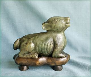 Antique Chinese Soapstone Carving Foo Dog Fitted Wooden Stand Shoushan Old China