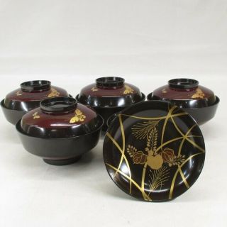 G563: Japanese Old Lacquer Ware 5 Covered Bowls With Makie Of Good Pattern