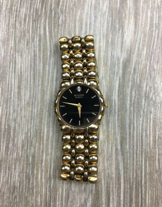 Vintage Bulova Real Diamond Black Dial Gold Watch Analog Mens Womens 92n84 Rare