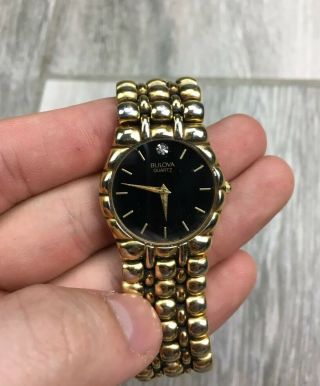 Vintage Bulova Real Diamond Black Dial Gold Watch Analog Mens Womens 92N84 Rare 2