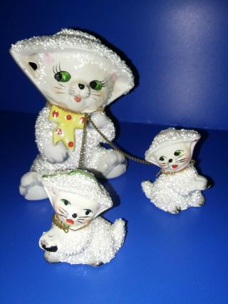 Vintage Early - Mid - Century Chained Cats Mom & 2 Kittens W Icy Sparkles Finish