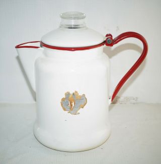 Vintage White Enamel Stove Top Coffee Percolator,  Coffee Pot,  8 Cup,  9 1/2 " Tall