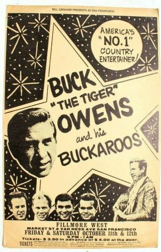 Vtg Fillmore Bill Graham Concert Poster 1st 1967 Buck Owens & The Buckaroos