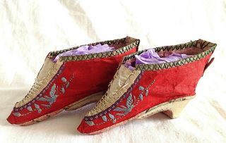 Antique Chinese Red Silk Bound Foot Lotus Shoes Embroidered Flowers Butterflys
