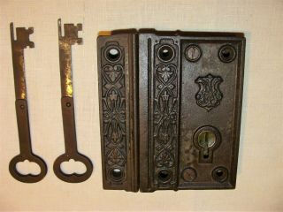 Antique Cast Iron Rim Lock Set W 2 Folding Keys Ornate