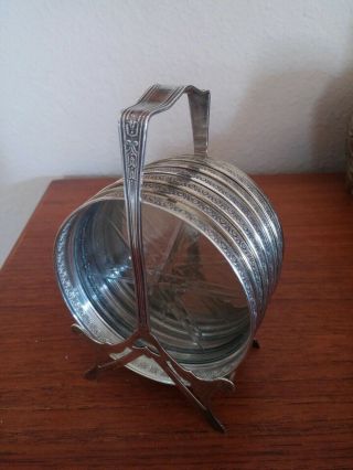 Lovely Sterling Silver Coaster Set With Stand Star Pattern Glass Bases