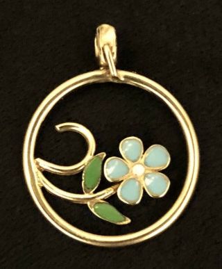 14k Solid Gold Antique Enameled Flower Necklace Pendant