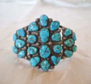 Signed Vintage NAVAJO Heavy Sterling Silver & CLUSTER TURQUOISE Cuff BRACELET 4