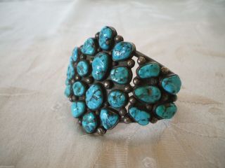 Signed Vintage NAVAJO Heavy Sterling Silver & CLUSTER TURQUOISE Cuff BRACELET 5