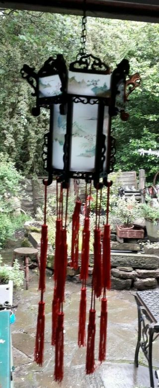 Vintage Chinese Fretwork Wooden Carved Lantern Hand Reverse Painted Glass