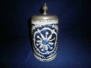 Early Antique Westerwald German Stoneware Lidded Stein With Blue Florals