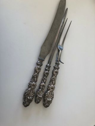 Frank M Whiting Sterling Silver Handle 3pc Carving Set Lily Pattern Mono 1905