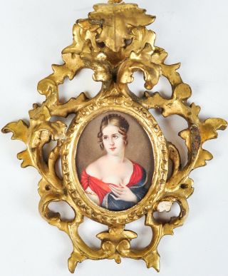 Antique Portrait Miniature Hand Painted Painting In Rococo Gilt Dore Frame Old