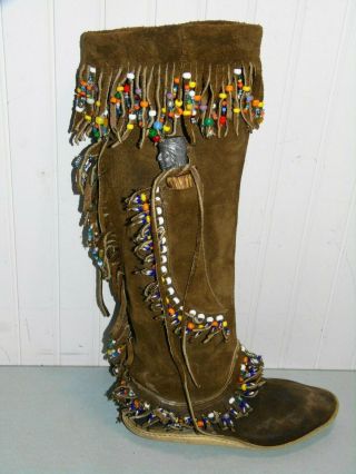 Vintage 16 " Moccasins Boots Beaded W/sheath Fa Bower Indian Knife Germany Unisex