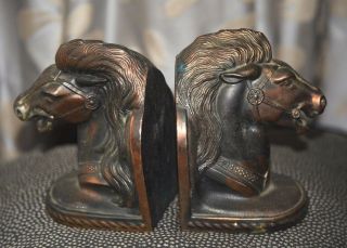Pair 6 " H Horse Head Book Ends Cast Metal Vintage Bronze Copper Finish C.  1920 - 50