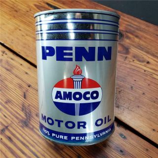 RARE Vintage 1940 ' S NOS FULL 1 QT.  AMOCO PENN w/ torch METAL MOTOR OIL CAN 3