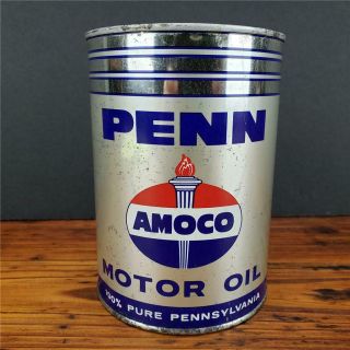 RARE Vintage 1940 ' S NOS FULL 1 QT.  AMOCO PENN w/ torch METAL MOTOR OIL CAN 5