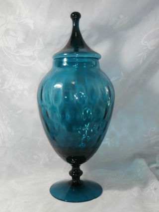 Large Vintage Teal Blue Optic Art Glass Empoli Apothecary Jar With Lid 14.  5 "