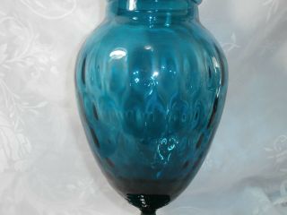 LARGE VINTAGE TEAL BLUE OPTIC ART GLASS EMPOLI APOTHECARY JAR WITH LID 14.  5 