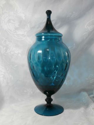 LARGE VINTAGE TEAL BLUE OPTIC ART GLASS EMPOLI APOTHECARY JAR WITH LID 14.  5 