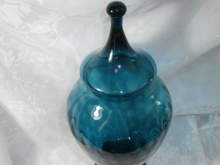 LARGE VINTAGE TEAL BLUE OPTIC ART GLASS EMPOLI APOTHECARY JAR WITH LID 14.  5 